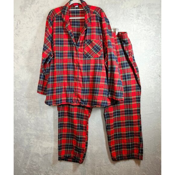 Old Navy Red Navy Plaid Flannel Pajama Set 3X Button-Up Top Drawstring Pants - Picture 1 of 13